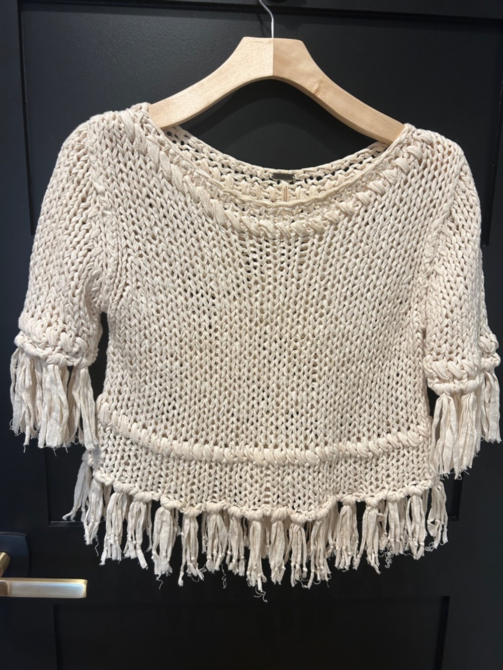 Free People Cream Open-Knit Fringe Sweater